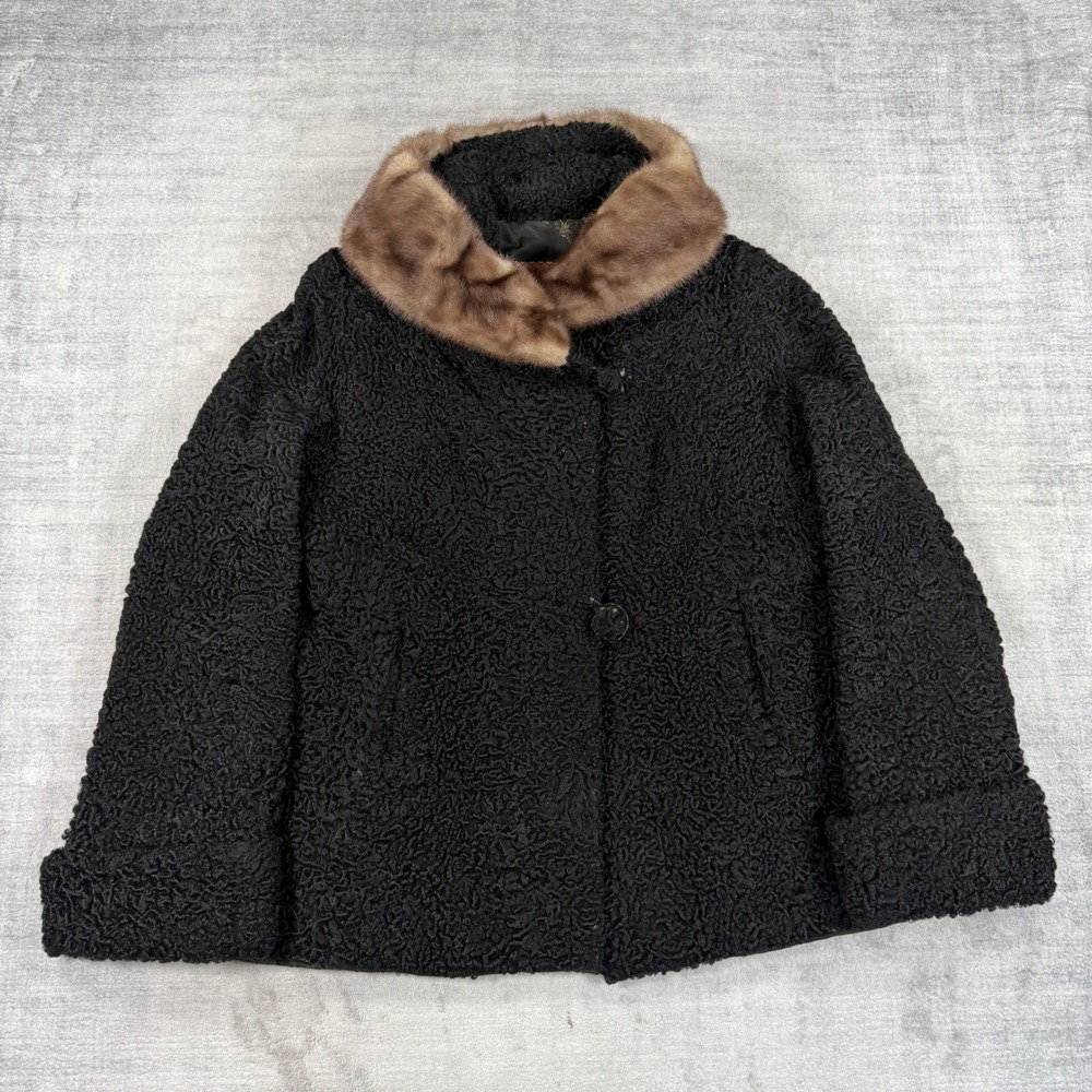 Forrest Furs Jacket Womens Large Black Vtg 1950s Persian Lamb Mink Collar Swing